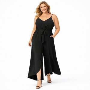 Vince Camuto 1X sleeveless black rayon hi-Lo wide leg tie front Jumpsuit NWT